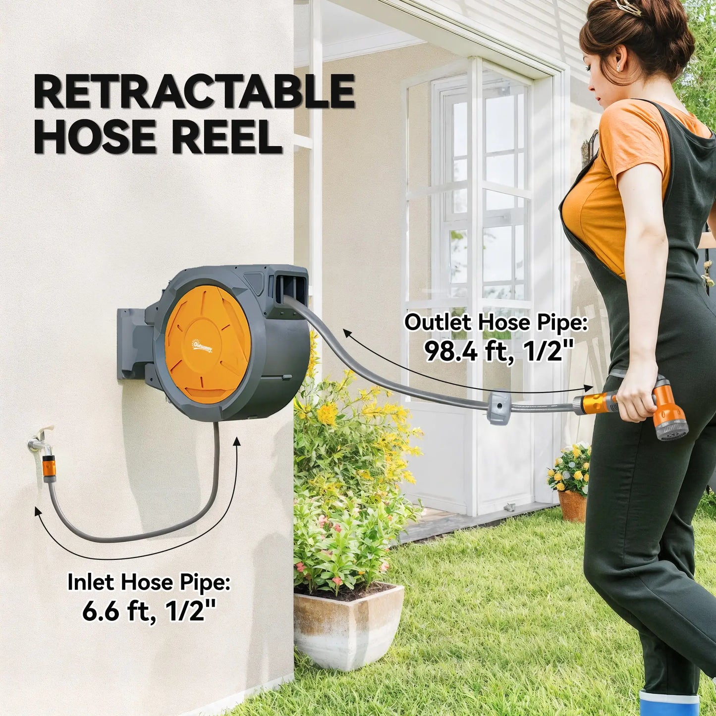 Outsunny Retractable Hose Reel Wall Mounted, 30+2m Garden Hose Pipe Reel with Lock, Auto Rewind, Orange