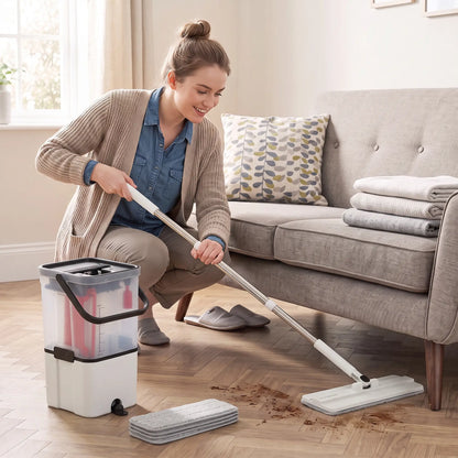 HOMCOM Compact Flat Mop and Bucket Set 2-Chamber Design with Wringer, White