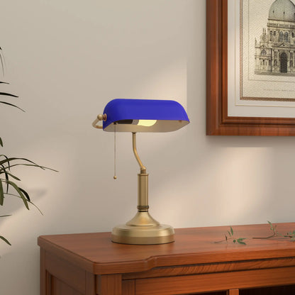 HOMCOM Banker's Desk Lamp with Antique Bronze Tone Base, Table Lamp with Glass Shade for Home Office, Blue
