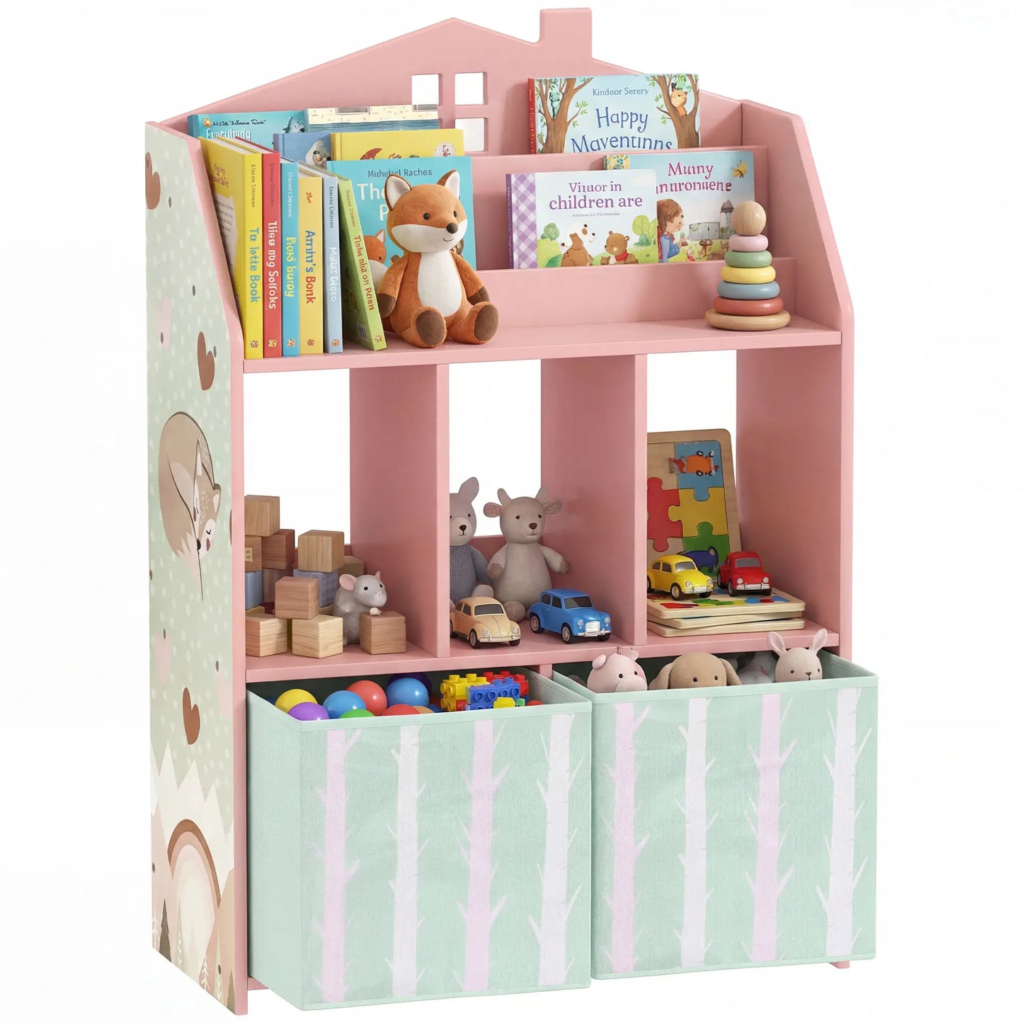 AIYAPLAY Kids Bookshelf with Toy Storage, Book Shelves and Fabric Drawers for Playroom, Pink