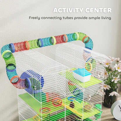 PawHut Hamster Cage, 5 Tier Carrier Habitat with Exercise Wheels Tunnel Tube, Gerbil Cage for Dwarf Mice, Green