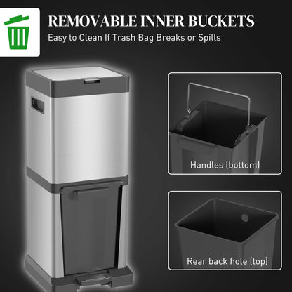 HOMCOM 34L Double Compartment Stainless Steel Kitchen Bin, with Soft-Close Lid