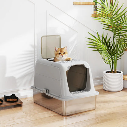 PawHut Extra Large Stainless Steel Litter Box, Enclosed Cat Litter Tray with Scoop, Deodorizer Bag, Front-Entry & Top-Exit
