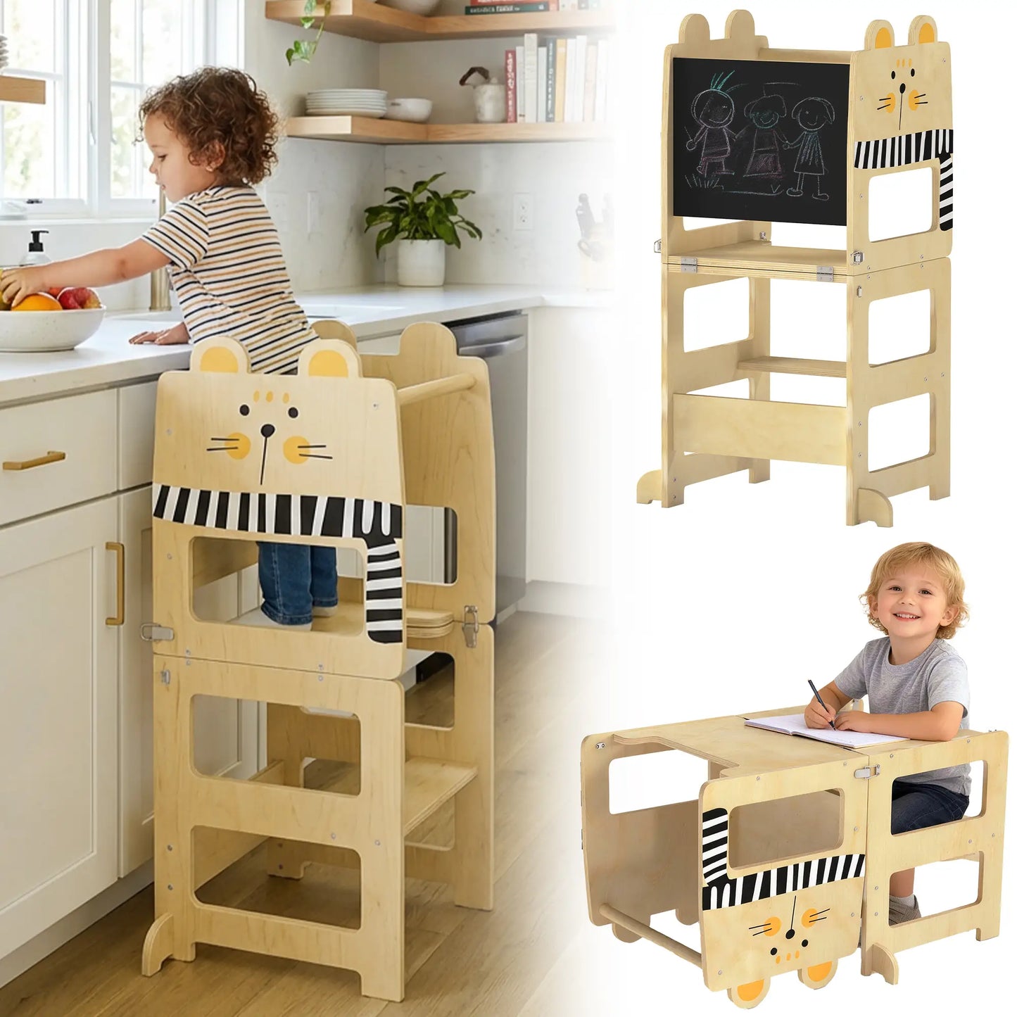 AIYAPLAY Toddler Step Stool, Standing Tower with Chalkboard, 3-in-1 Cat-Shaped for Kitchen Counter, Natural