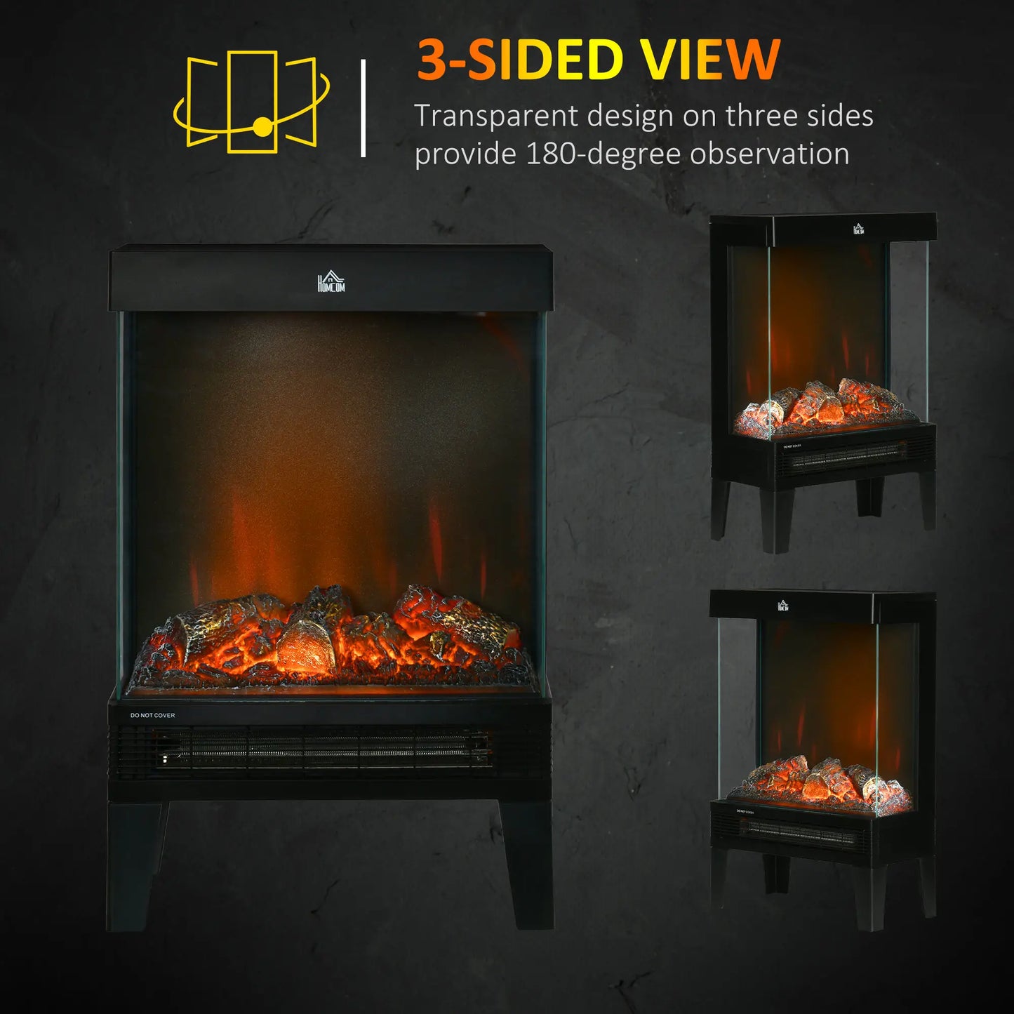 HOMCOM 180° Charming Electric Fireplace Heater, Quiet Freestanding Stove with LED Flame Effect, Overheating Protection, Black