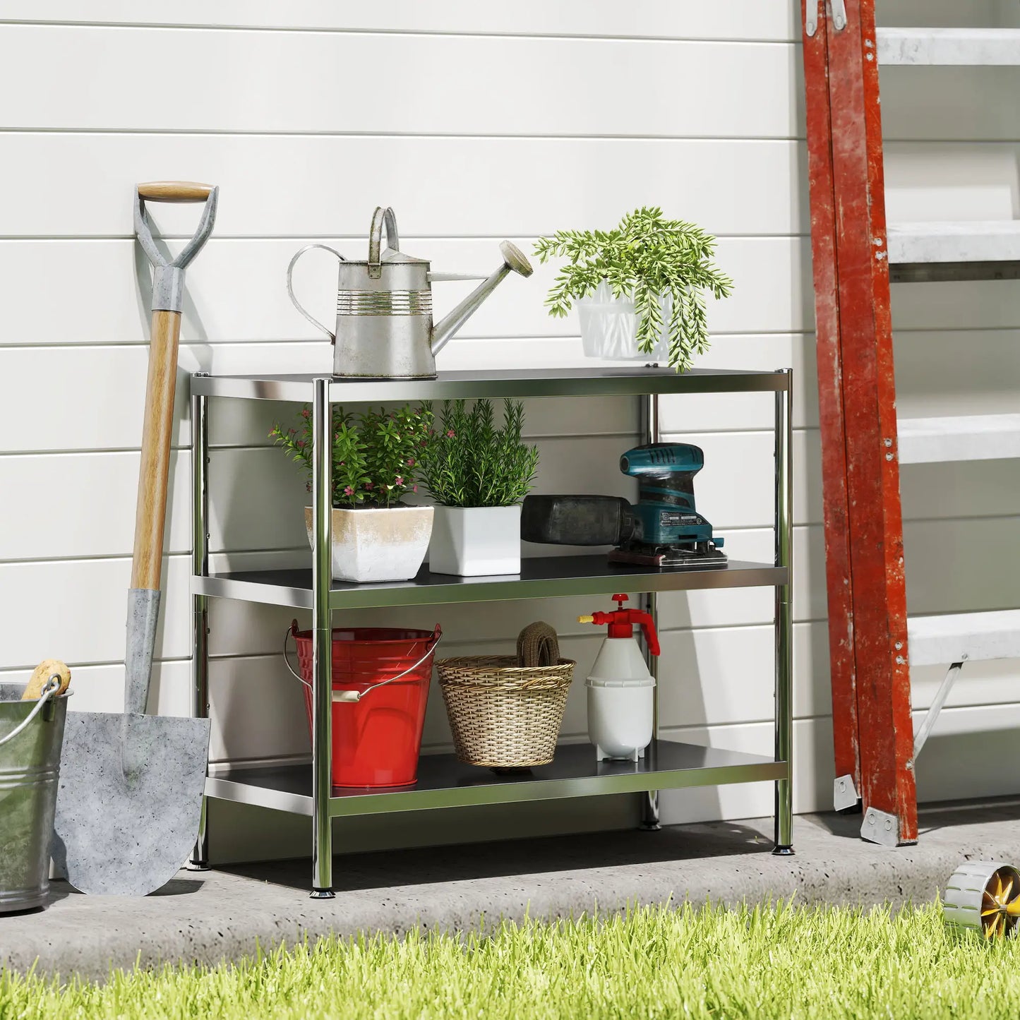 HOMCOM 3-Tier Bakers Rack with Storage, Stainless Steel Kitchen Stand with Adjustable Shelves for Small Spaces