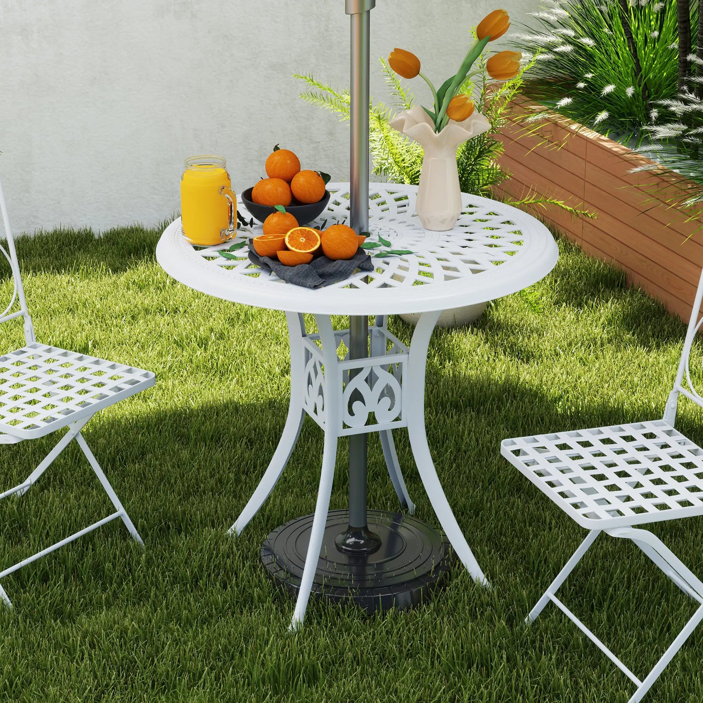Outsunny Round Garden Dining Table with Parasol Hole Antique Cast Aluminium Outdoor Table Only, White