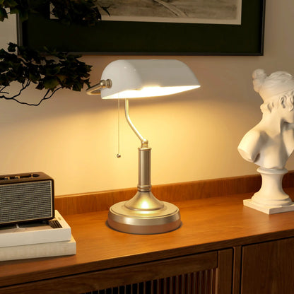 HOMCOM Banker's Desk Lamp with Antique Bronze Tone Base, Table Lamp with White Glass Shade for Home Office