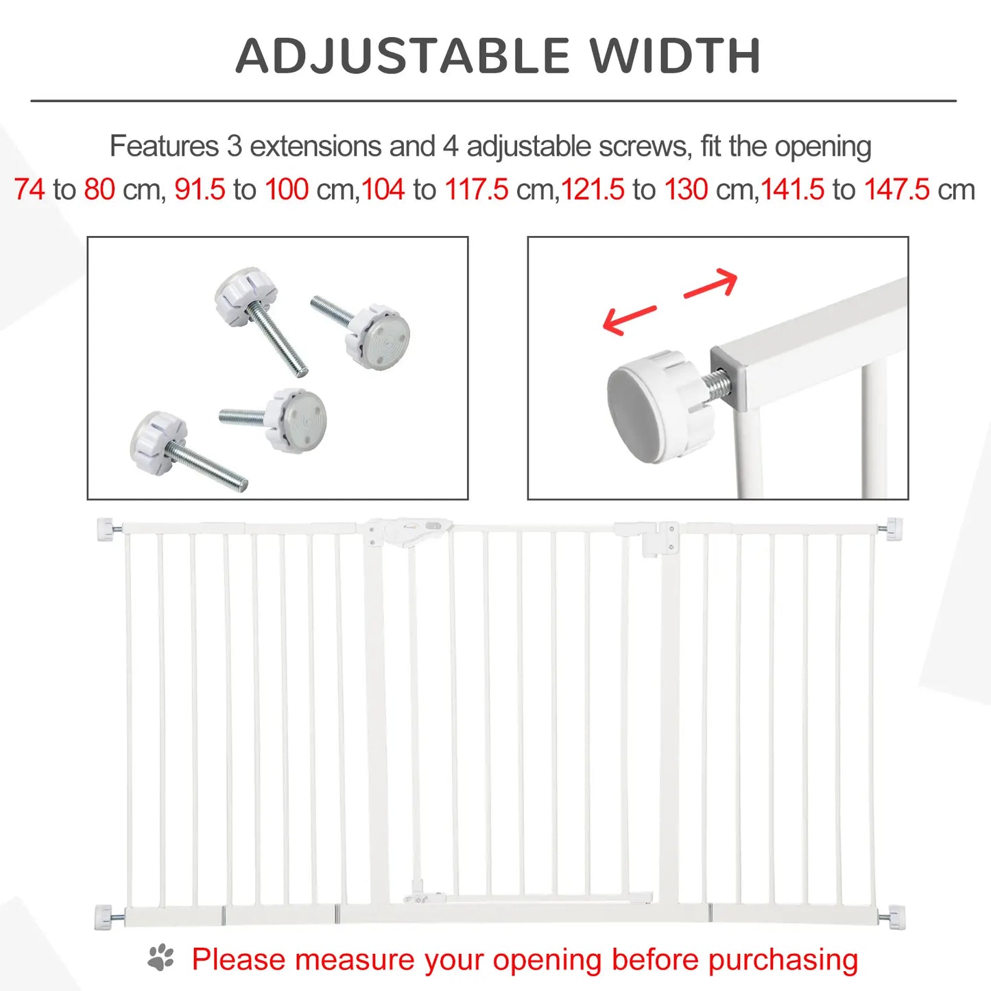 PawHut Dog Gate Stair Gate Pressure Fit Pets Barrier Auto Close for Doorway Hallway, 74-148cm Wide Adjustable