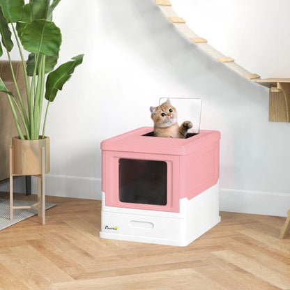 PawHut Hooded Cat Litter Box, Portable Pet Toilet with Scoop, Front Entry - Pink