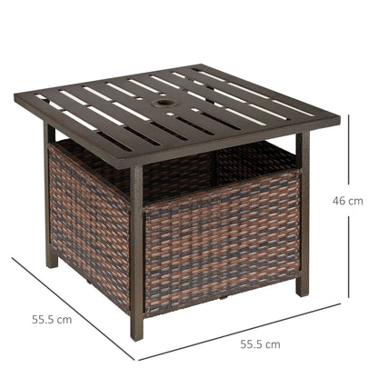 Rattan Garden Coffee Table, Square Wicker Patio Side Table with Umbrella Hole, Metal Bottom for Outdoor, Brown