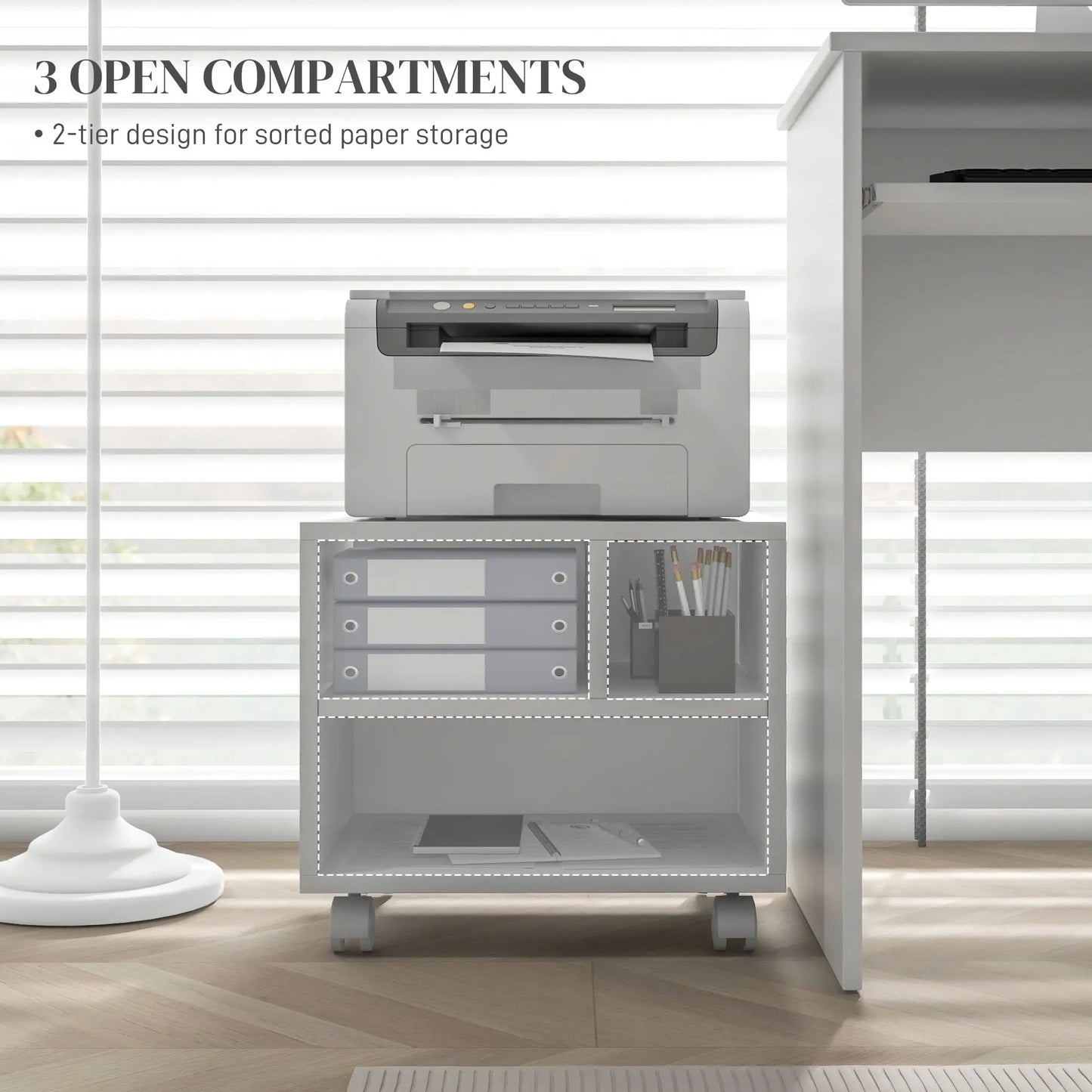 HOMCOM Three-Compartment Office Storage Printer Cabinet with Wheels - White