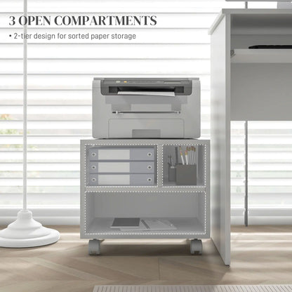 HOMCOM Three-Compartment Office Storage Printer Cabinet with Wheels - White
