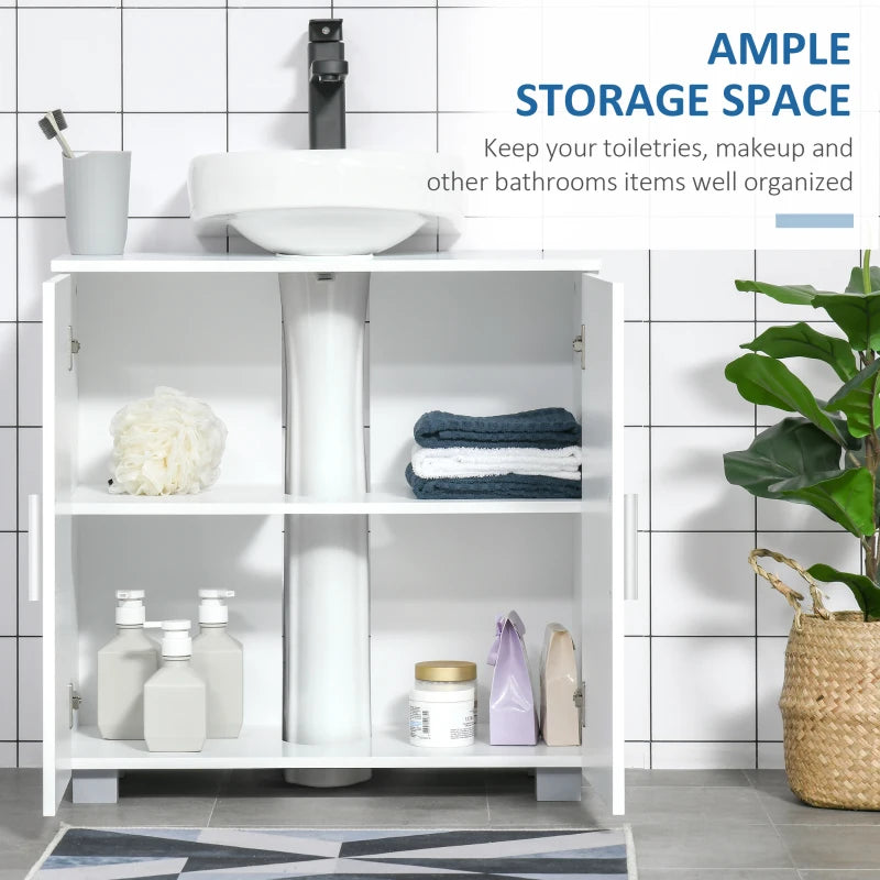 White cabinet with cut-out for pedestal sinks