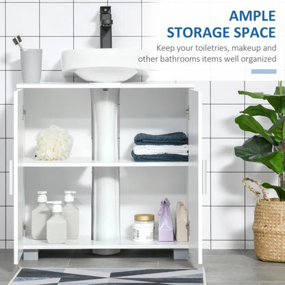 White cabinet with cut-out for pedestal sinks
