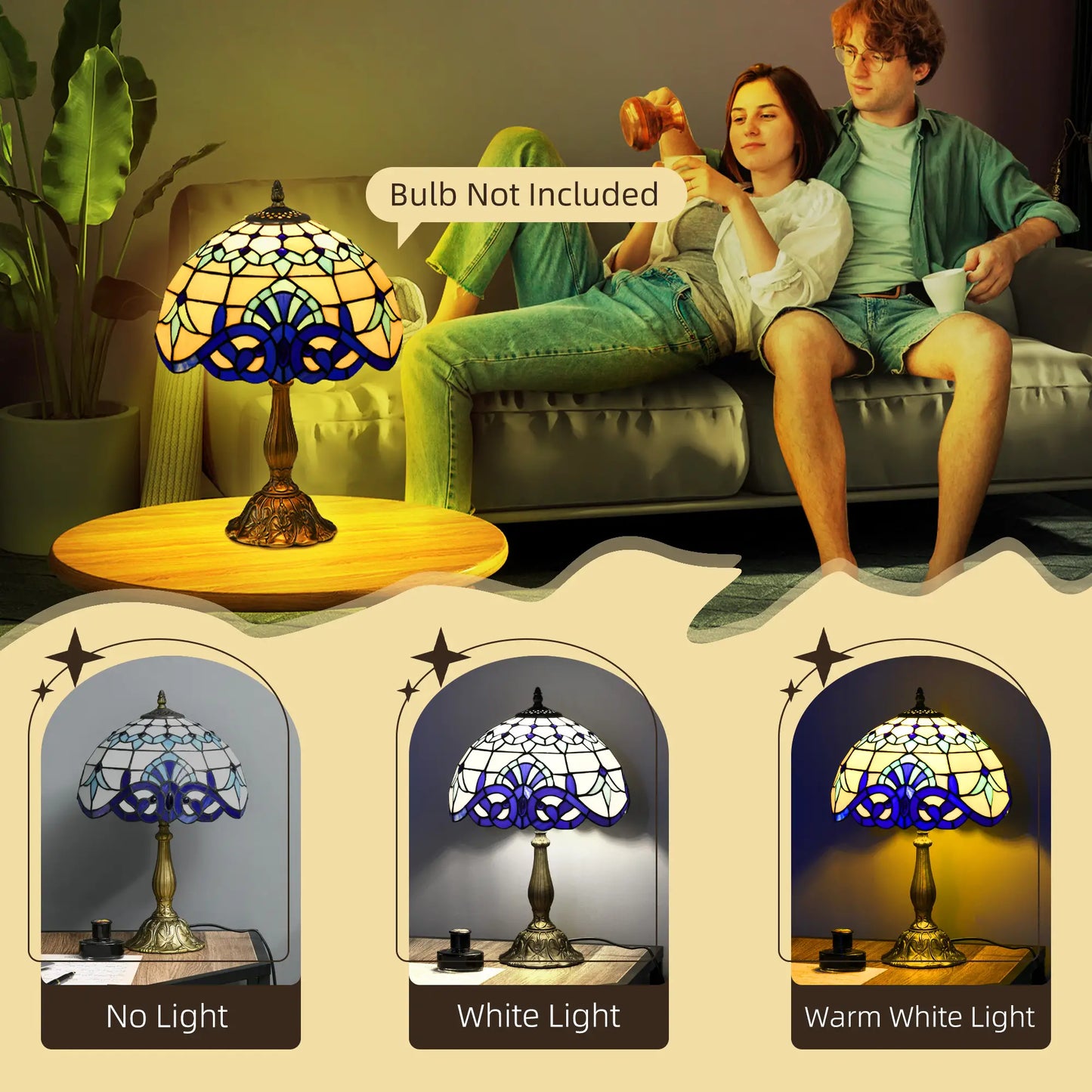 HOMCOM Tiffany Stained Glass Table Lamp, Handmade Antique Bedside Lamp, Nightstand, Night Light, Blue