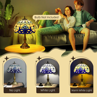 HOMCOM Tiffany Stained Glass Table Lamp, Handmade Antique Bedside Lamp, Nightstand, Night Light, Blue
