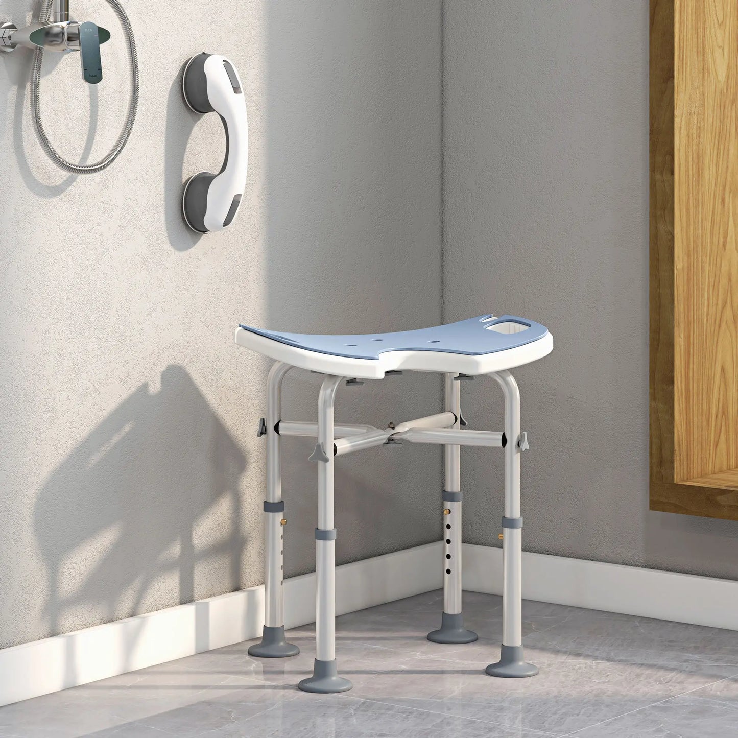 HOMCOM 39-51.5cm 'U' Seat Padded Bathroom Shower Stool Anti-Slip - Light Blue