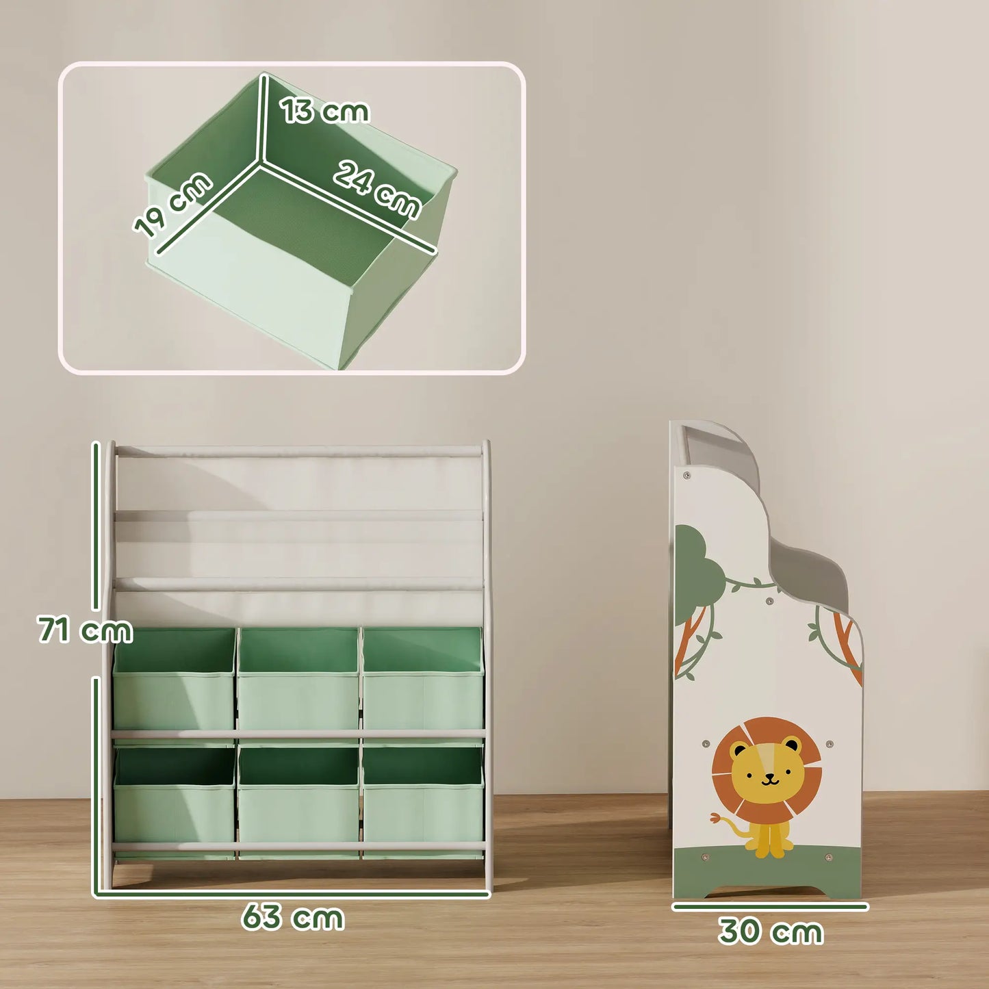 AIYAPLAY Kids Storage Unit, Toy Organiser with 6 Fabric Drawers & 2-Tier Book Rack for Bedroom, Playroom, Green
