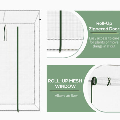 Outsunny Small Walk-in Garden Greenhouse with Steel Frame, Large Roll-Up Door and Windows, White