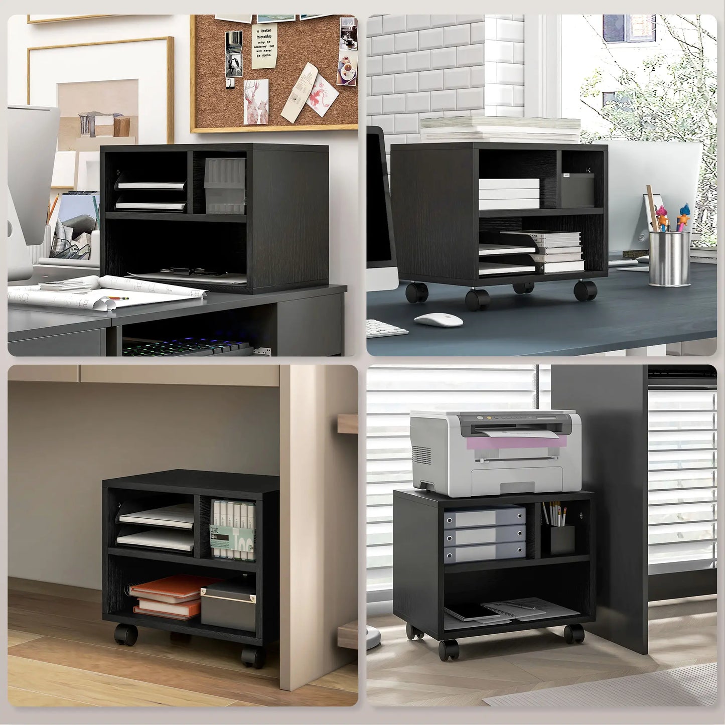 HOMCOM Three-Compartment Office Storage Printer Cabinet, with Wheels - Black