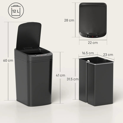 HOMCOM 12L Motion Sensor Bin, Automatic Touchless Kitchen Bin with Fingerprint Resistant Stainless Steel, Black