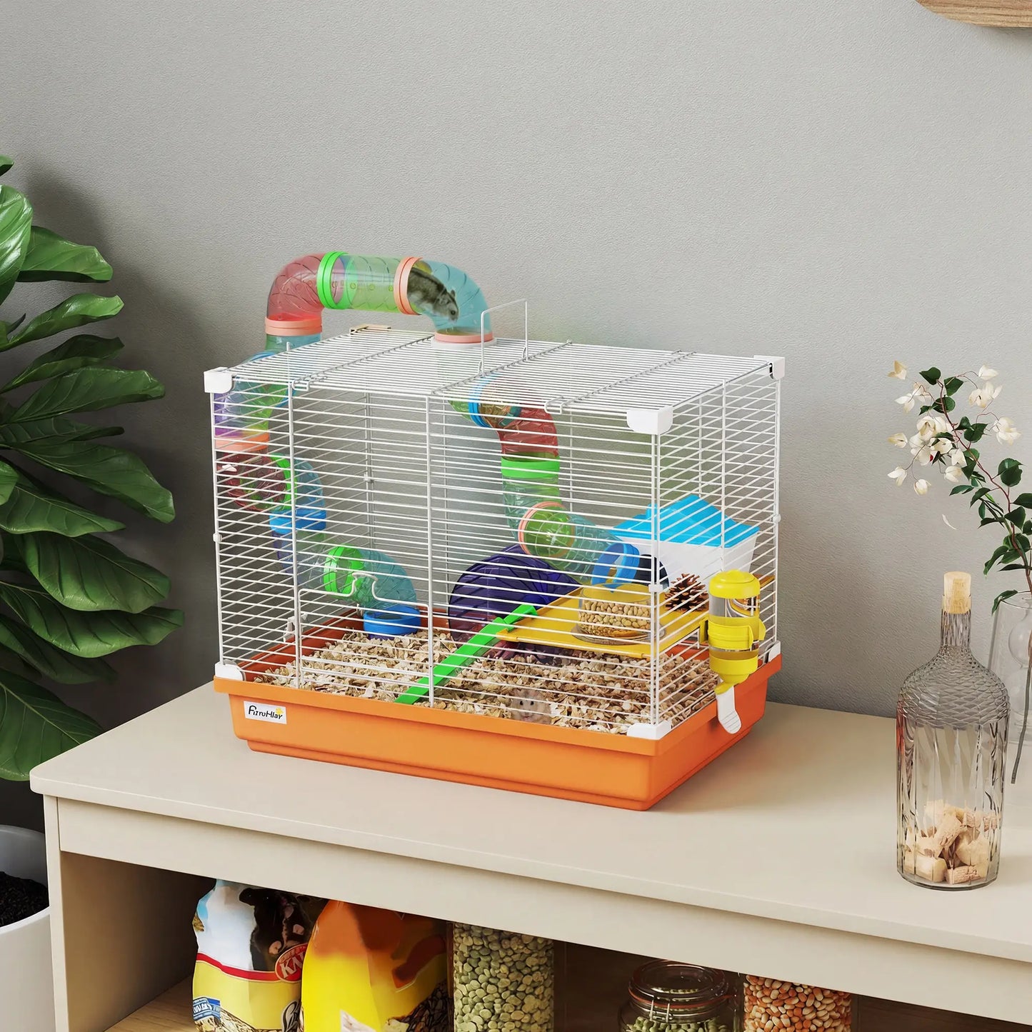 PawHut 2 Tier Hamster Cage, Gerbil Cage with Handle, Exercise Wheels, Tunnel, Water Bottle, Ladder for Dwarf