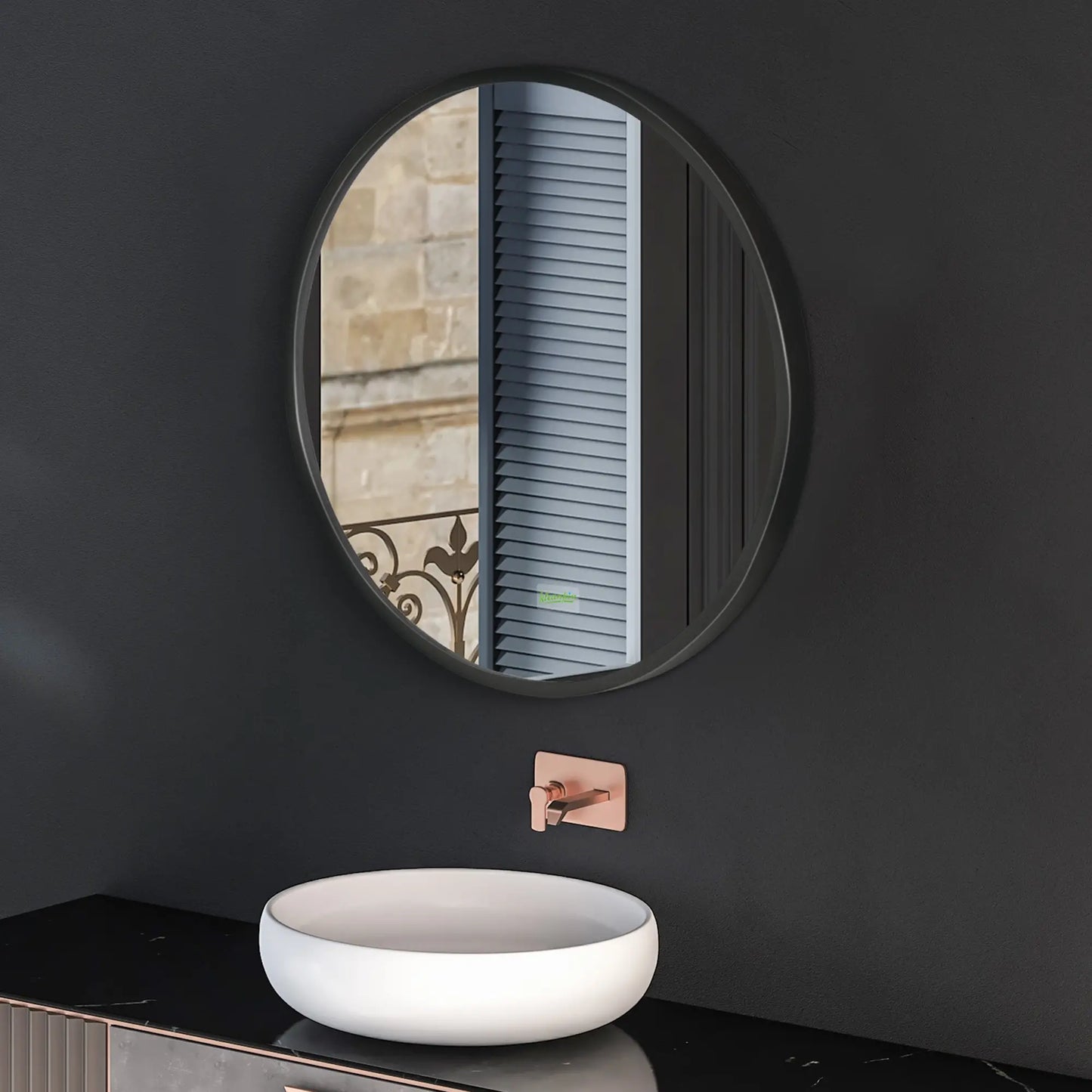 kleankin Round Bathroom Mirror, Modern Wall-Mounted Makeup Mirror with Aluminium Frame for Washroom Living Room, Black