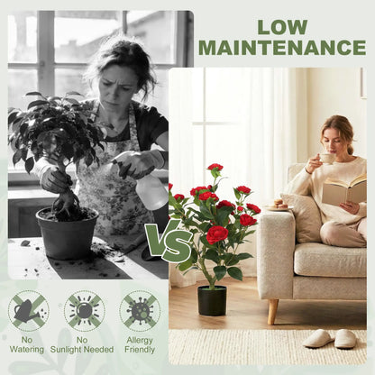 HOMCOM Artificial Camellia Flower Plant in Pot with 116 Lush Leaves & Moss Effect, Red