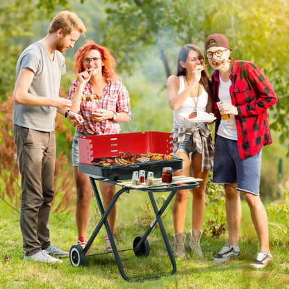 Outsunny Charcoal Trolley BBQ Barbecue Grill Garden Picnic Party Outdoor Cooking with Windshield, Black/Red