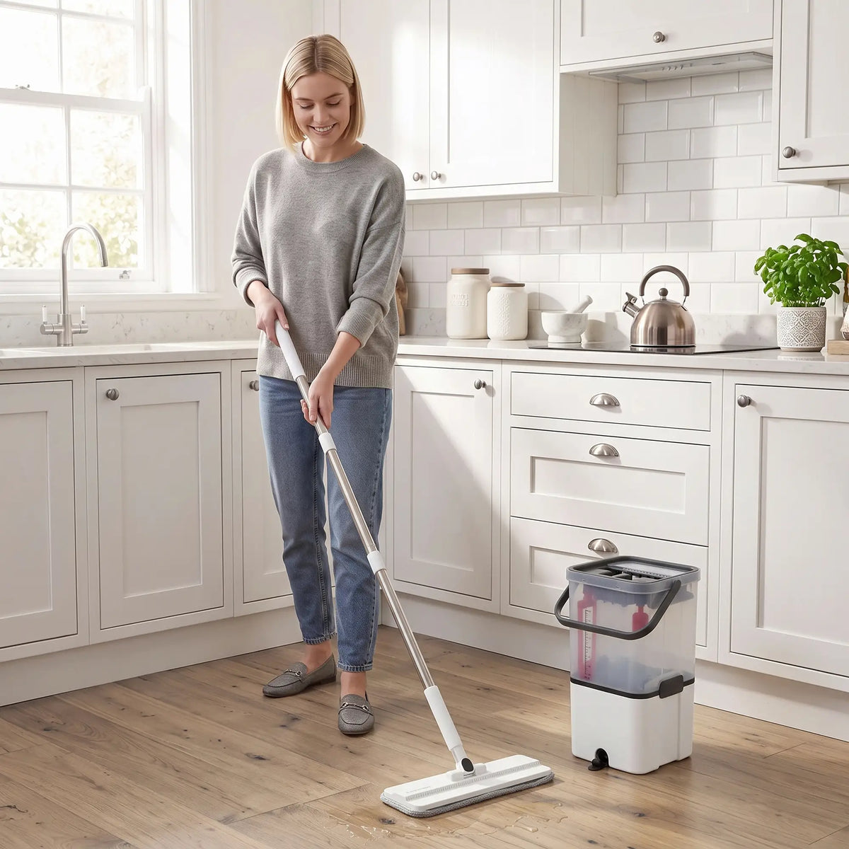 HOMCOM Compact Flat Mop and Bucket Set 2-Chamber Design with Wringer, White