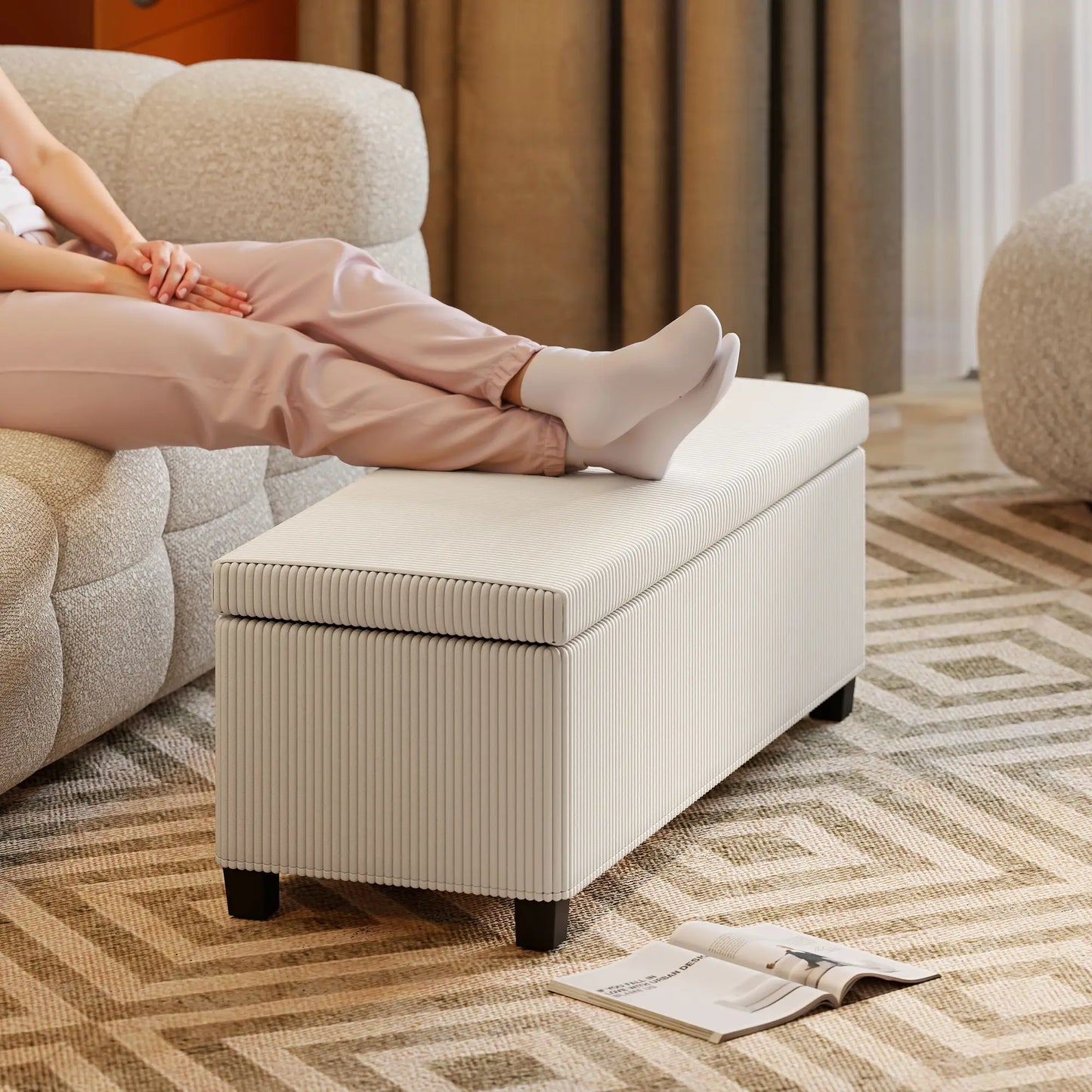 HOMCOM Storage Ottoman Bench, Corduroy Storage Chest Box with Wooden Legs, Bed End Bench, Beige