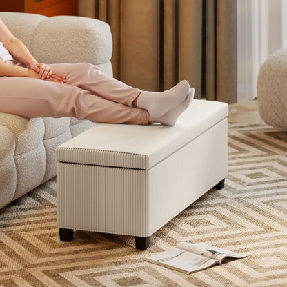 HOMCOM Storage Ottoman Bench, Corduroy Storage Chest Box with Wooden Legs, Bed End Bench, Beige