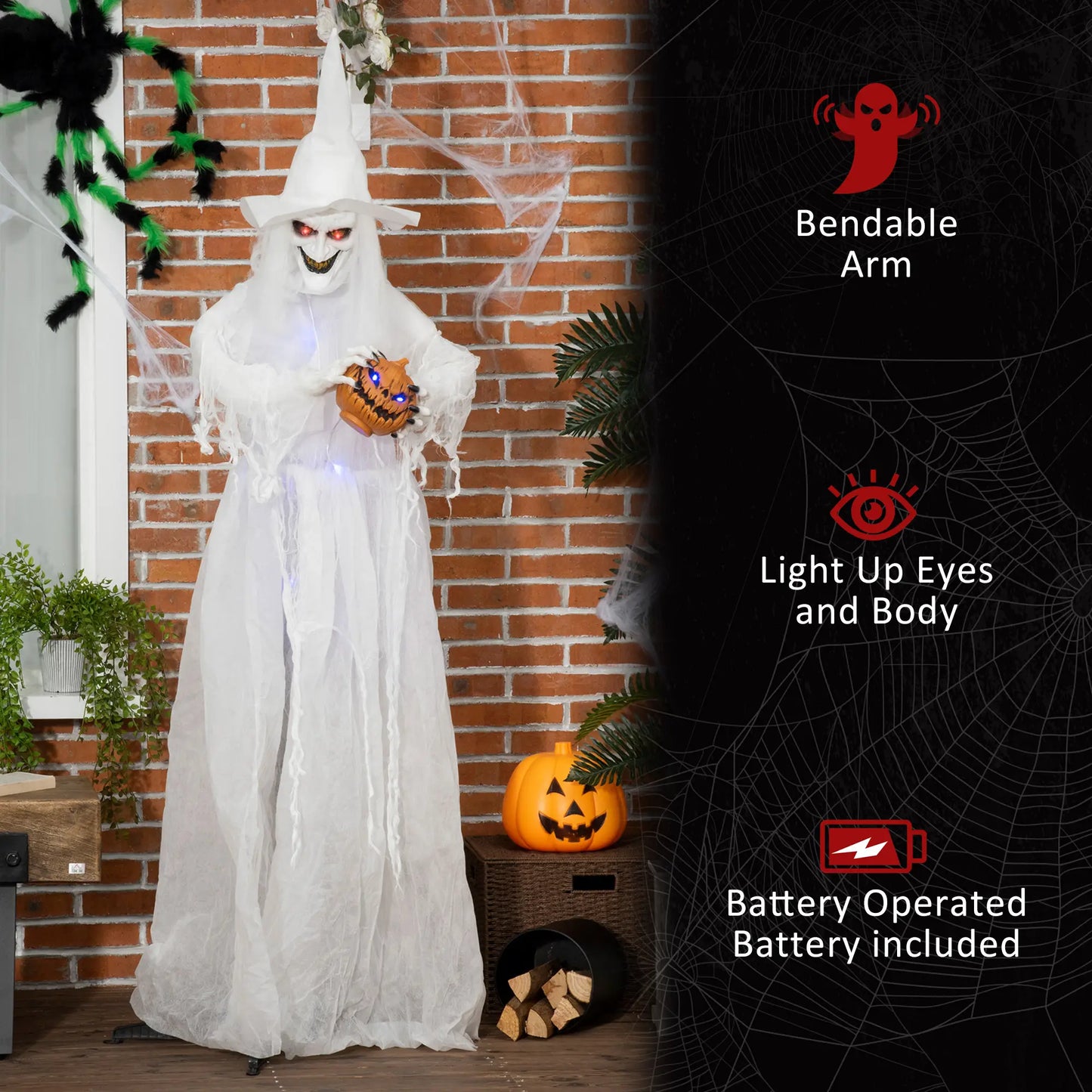 Outsunny Halloween Decorations White Witch Holding Pumpkin Head, Ghost Prop with Light Up Eyes & Body