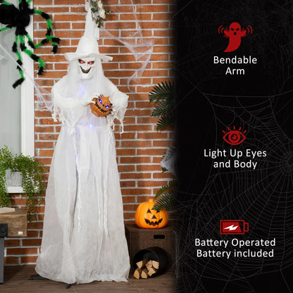 Outsunny Halloween Decorations White Witch Holding Pumpkin Head, Ghost Prop with Light Up Eyes & Body