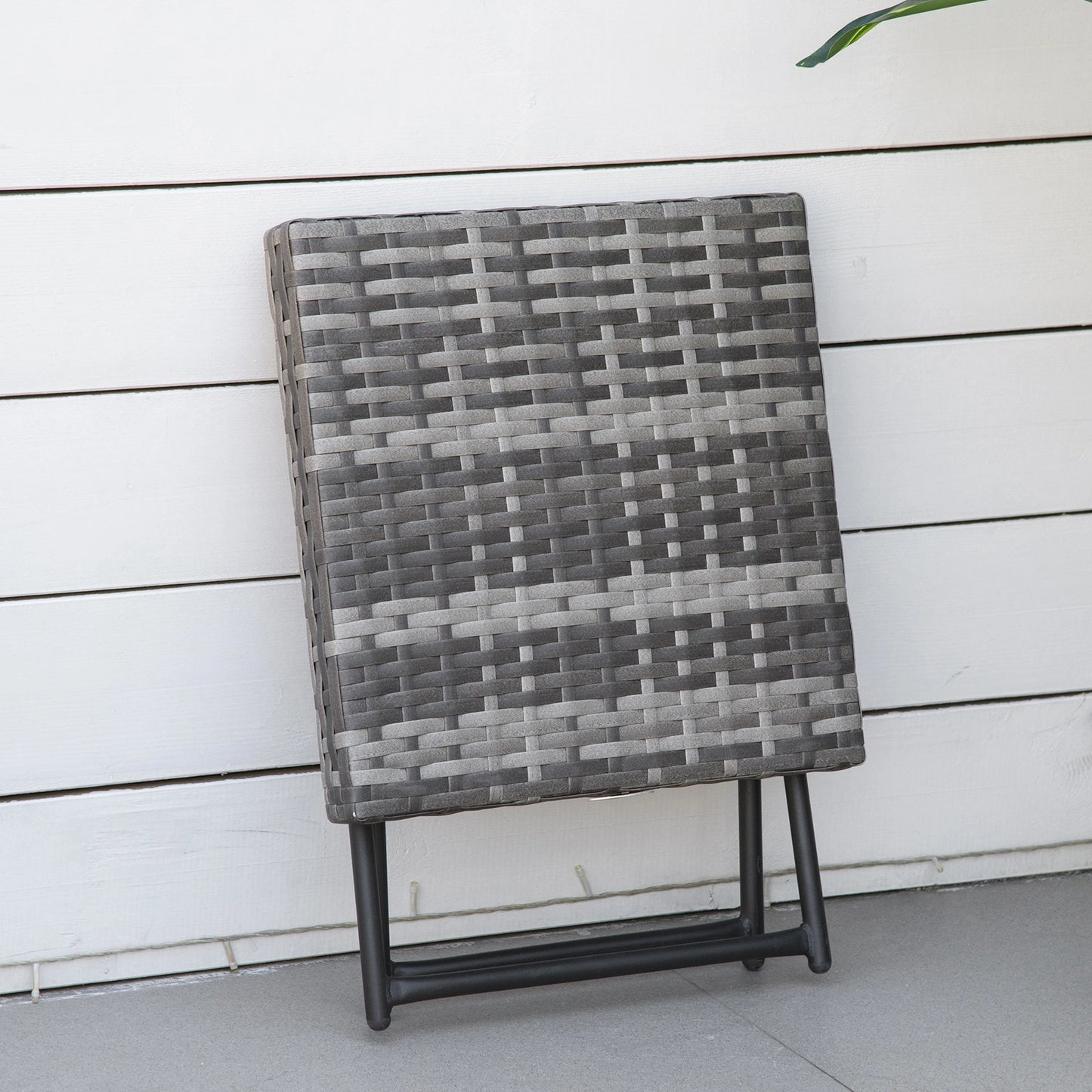 Outsunny Square PE Wicker Weave Rattan Folding Table, Weather Resistant Side Table with Steel Frame, Grey