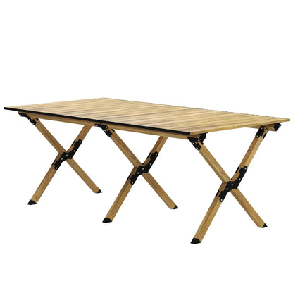 Outsunny 4ft Aluminium Portable Folding Camping Table with Roll-Up Top, Picnic Table for Indoor, Outdoor, Party, BBQ, Wood Effect