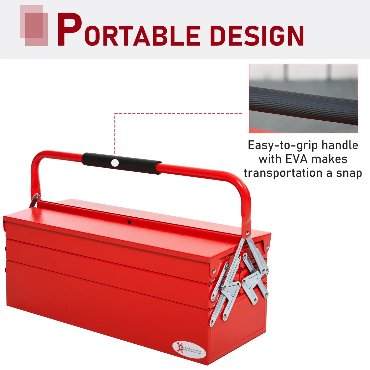 DURHAND Metal Tool Box 3 Tier 5 Tray Professional Portable Storage Cabinet Workshop Cantilever Toolbox with Carry Handle, Red