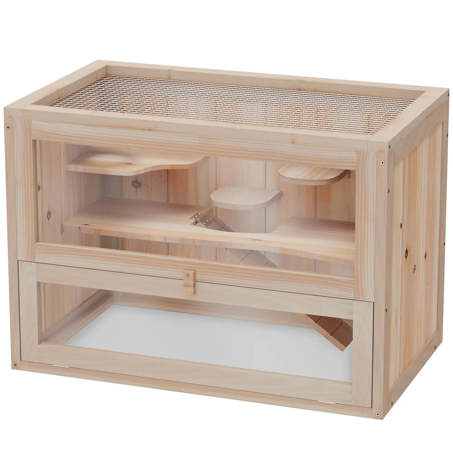 PawHut Wooden Hamster Cage Mouse Mice Rodent Small Animals Hutch Exercise Play House, Natural Wood Finish