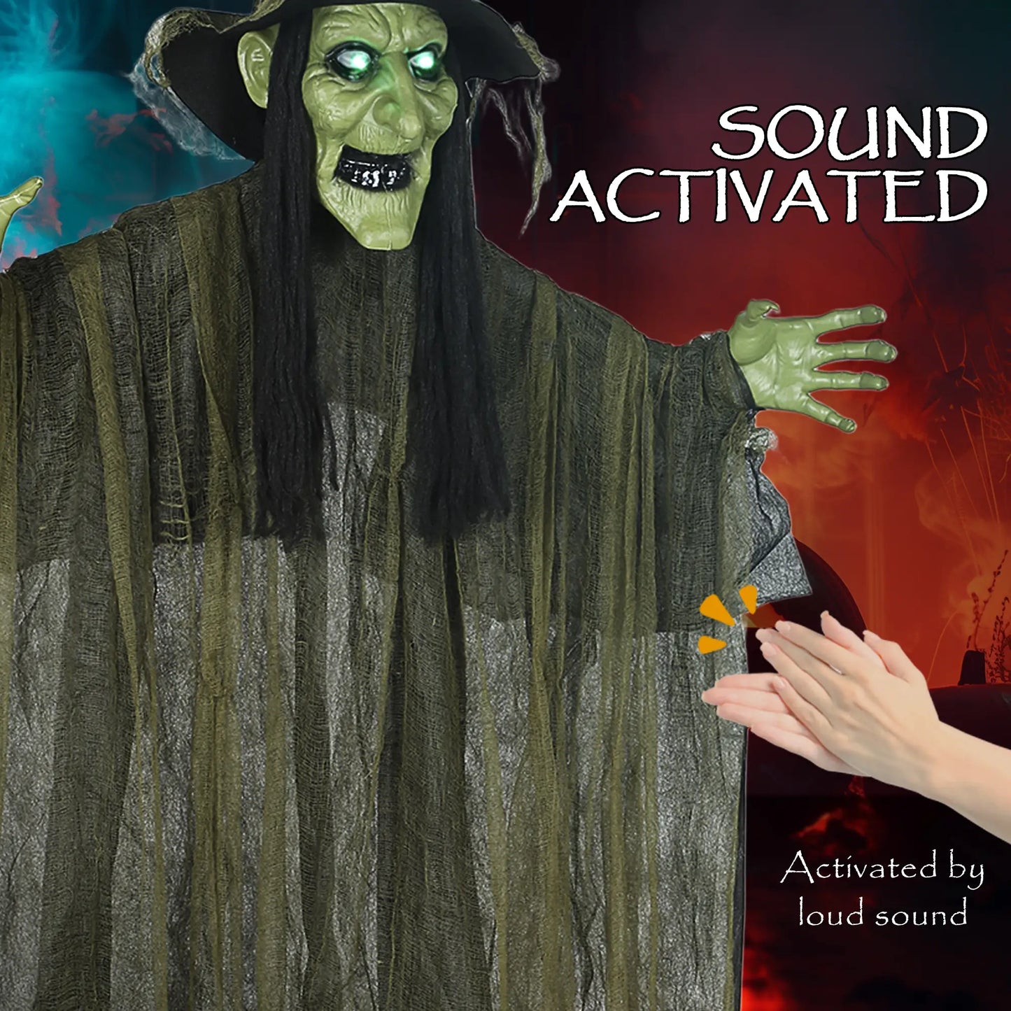 Outsunny 170 cm Hanging Halloween Animated Spooky Witch with Glowing LED Eyes, Scary Halloween Decorations, Battery Operated