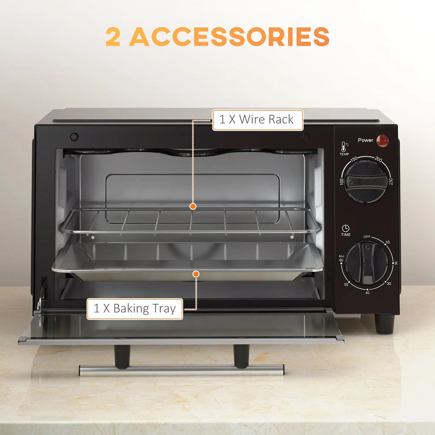 HOMCOM Mini Oven, 9L Countertop Electric Grill, Toaster Oven with Adjustable Temperature, Timer, Baking Tray, 750W
