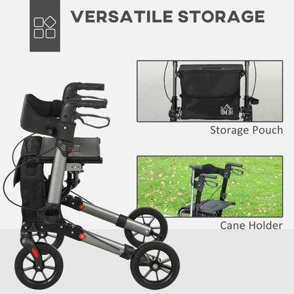 HOMCOM 4 Wheel Rollator with Seat & Back, Folding Walker with Carry Bag, Adjustable Height, Dual Brakes, Aluminium Walking Frame, Silver