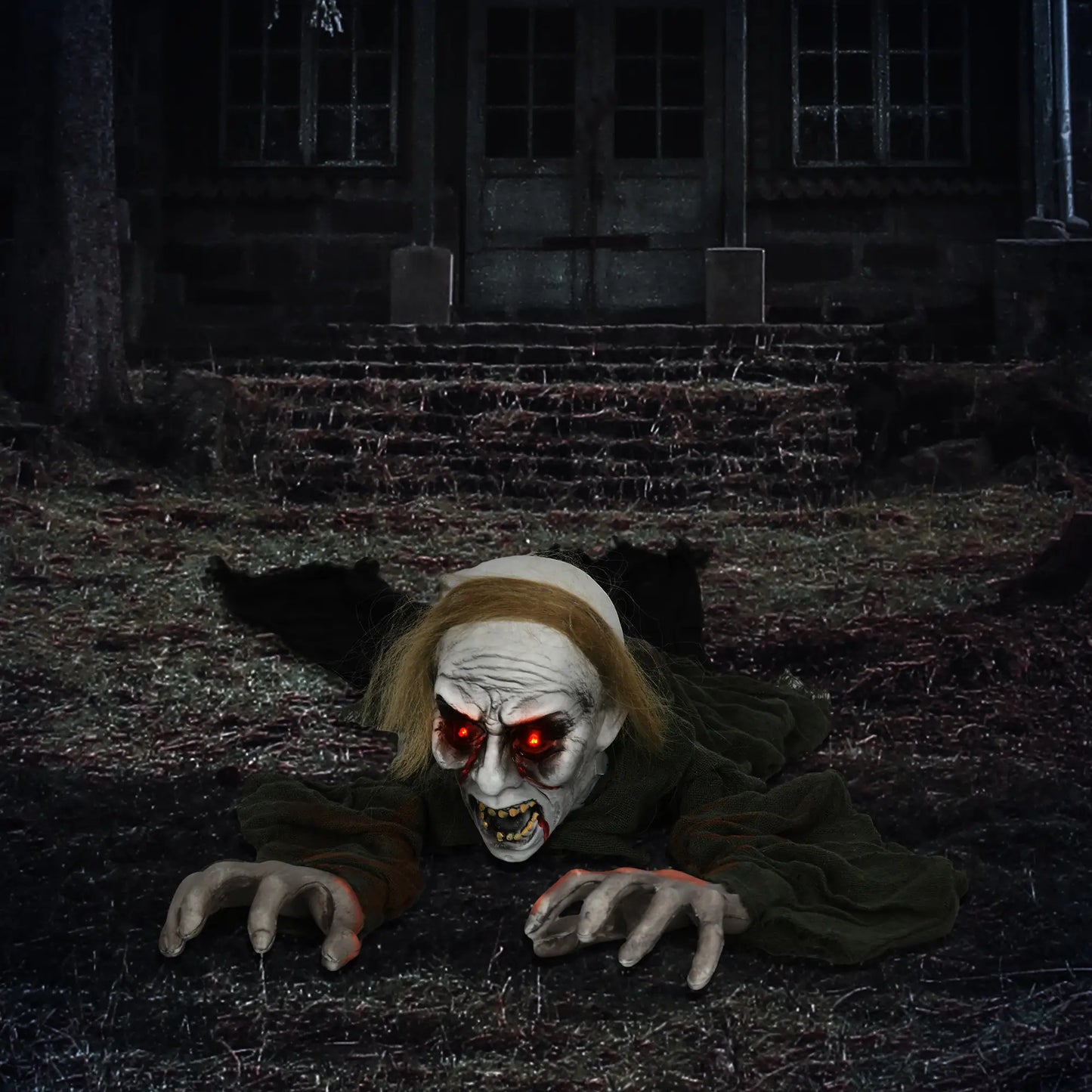 HOMCOM Outdoor Halloween Decoration Crawling Zombie, Animated Prop Decor with Sound, Light Up Eyes