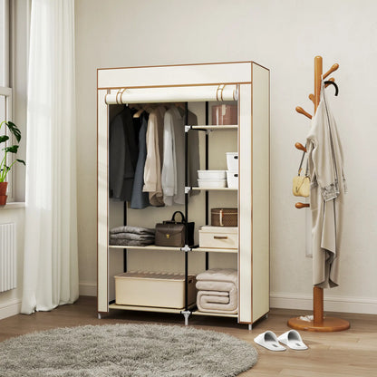 HOMCOM Fabric Wardrobe, Portable Wardrobe with 6 Shelves, 1 Hanging Rail, Foldable Closets, Cream White