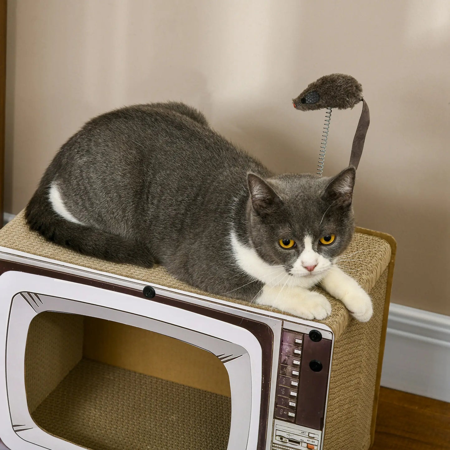 PawHut TV-Shaped Scratching Board with Scratcher, Catnip, Toy Rat, Cat Scratcher for Indoor Cats