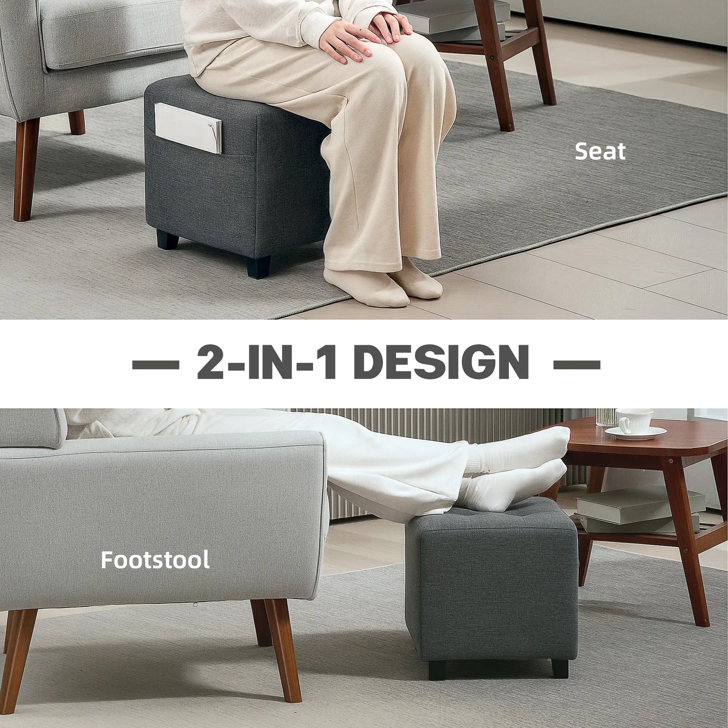 HOMCOM Square Footstool, Small Ottoman with Side Pocket, Linen Fabric Footrest Foot Stool with Rubber Wood Legs for Living Room, Bedroom