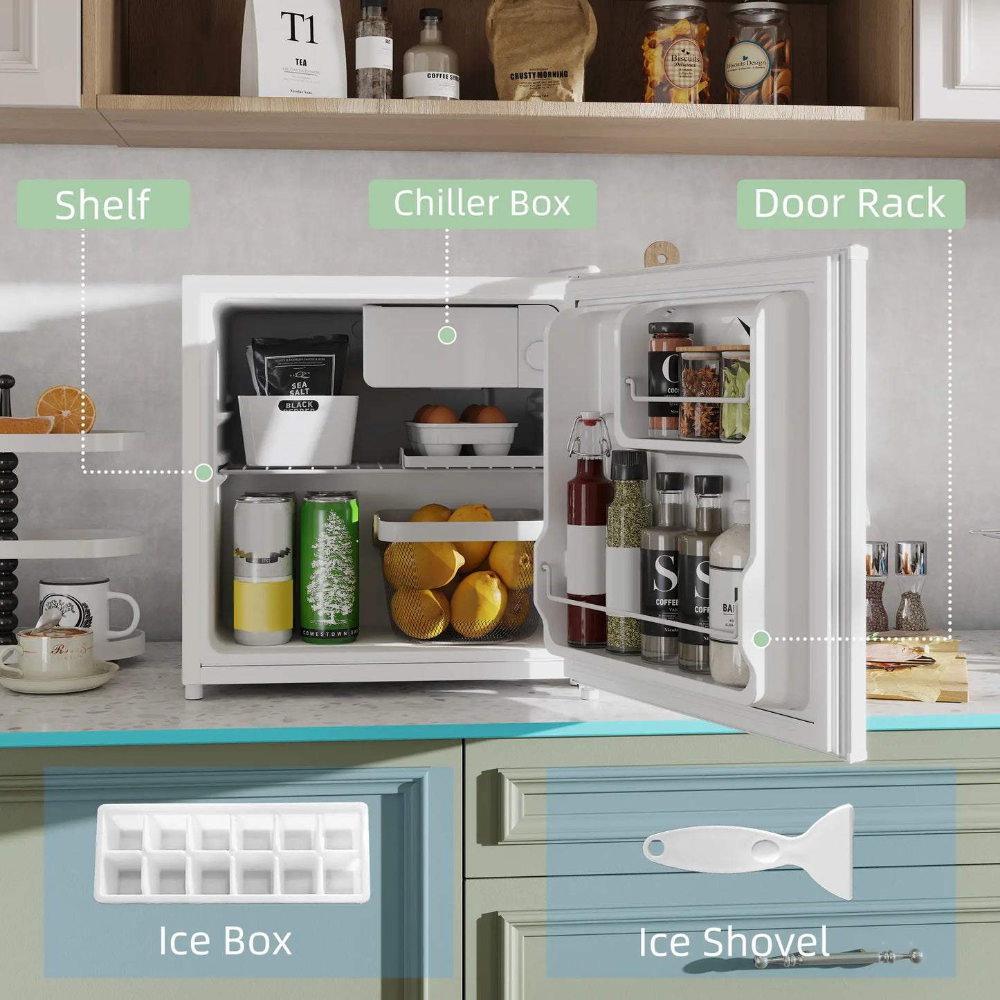 HOMCOM 46 Litre Table Top Mini Fridge, Small Fridge with Ice Box, Reversible Door, Adjustable Temperature, Cream