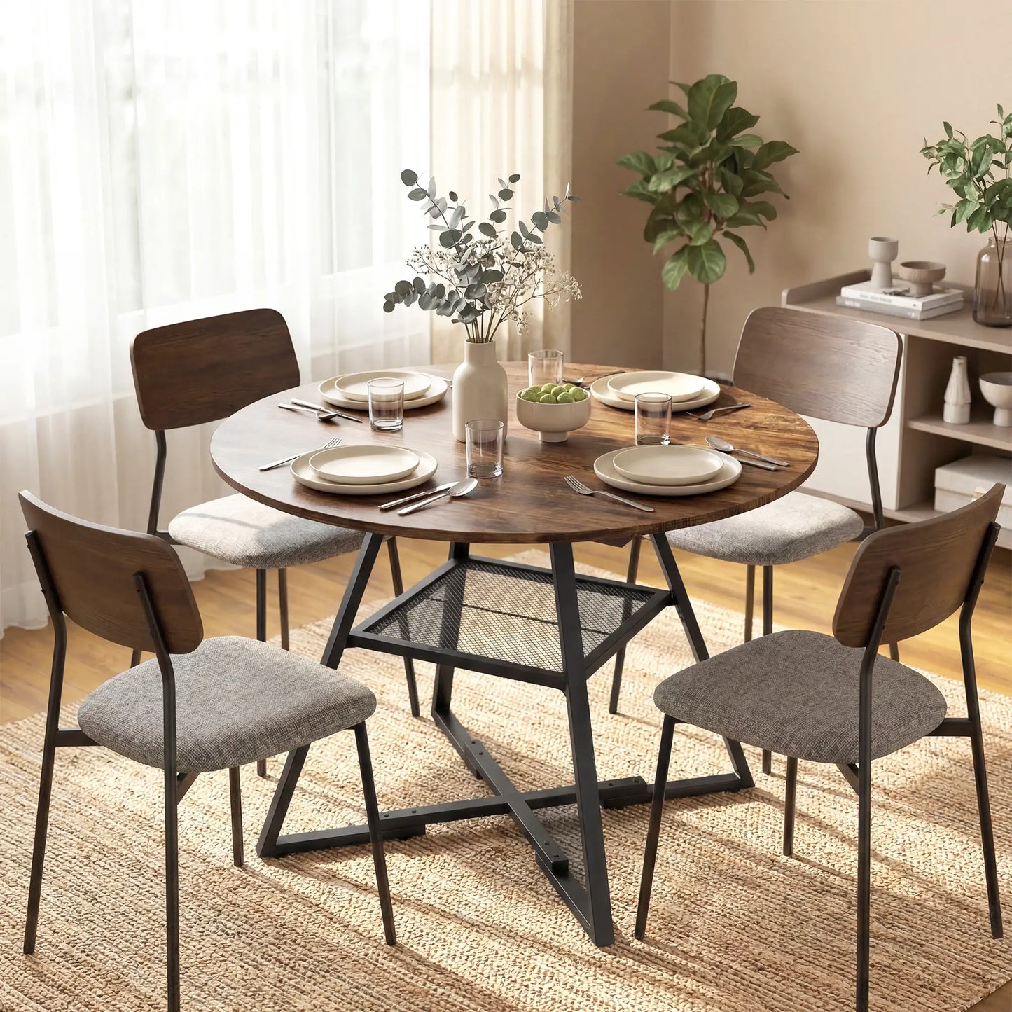 HOMCOM Dining Table for 4 People, Round Industrial Kitchen Table with Storage Shelf, Rustic Brown