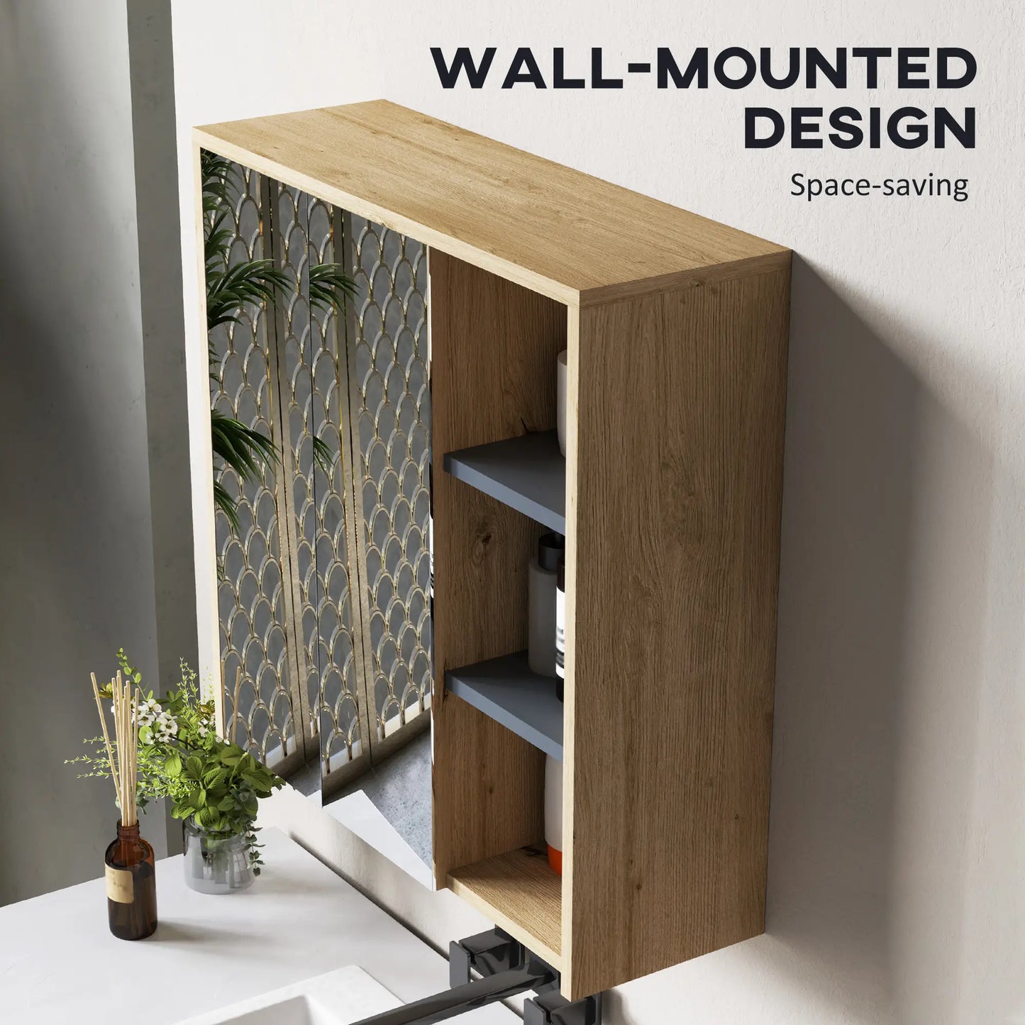 HOMCOM Five-Shelf Mirrored Bathroom Storage Mirror Cabinet - Wood-Effect