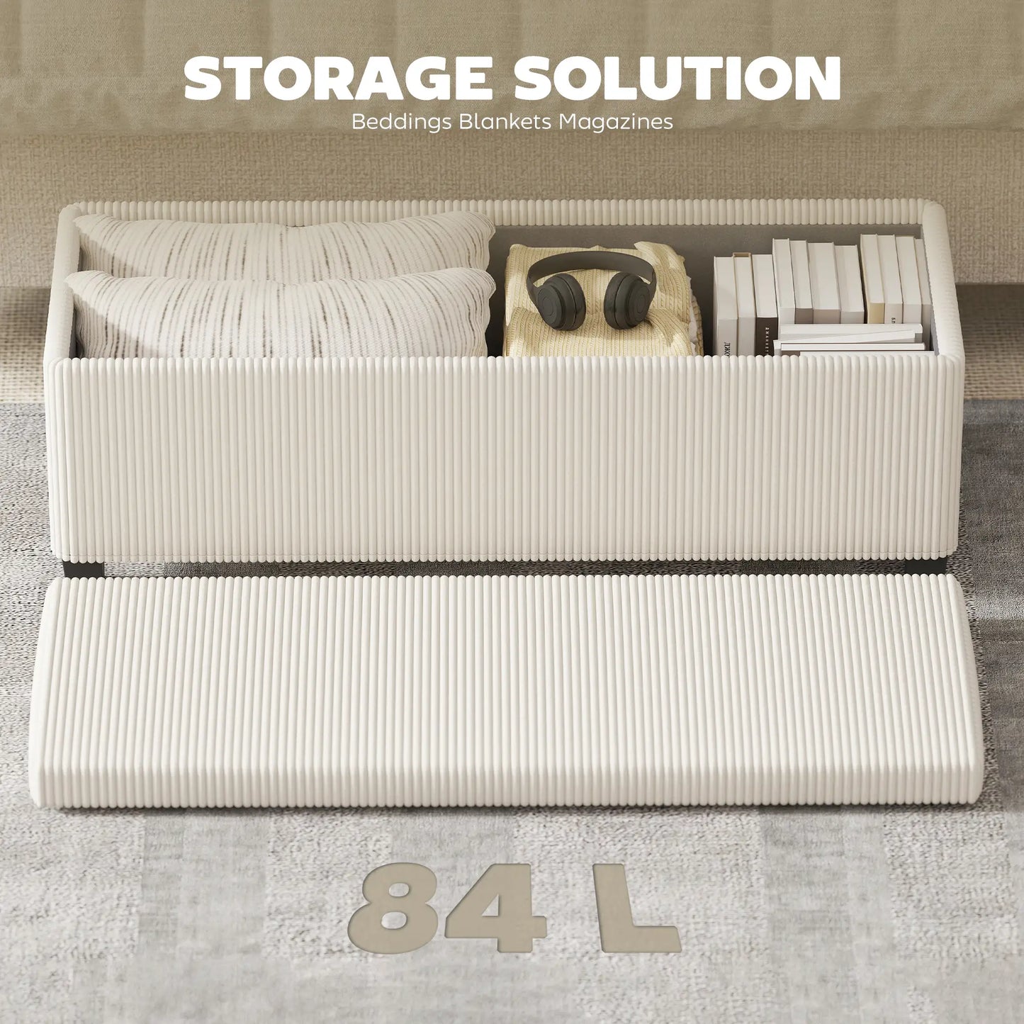 HOMCOM Storage Ottoman Bench, Corduroy Storage Chest Box with Wooden Legs, Bed End Bench, Beige